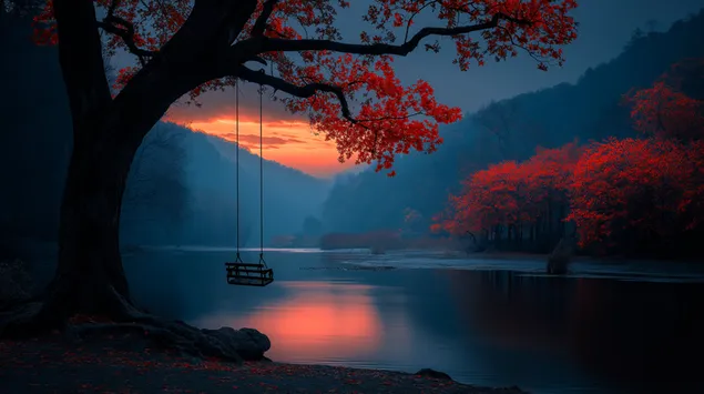 gun batiminda dag golu kenarinda gizli bir salincak indir