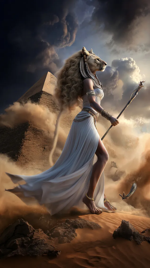 塞赫麥特在沙漠中與金字塔和翱翔的鳥 HD 壁紙