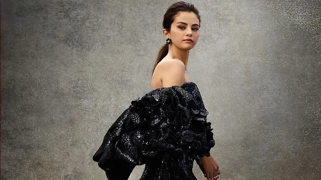 Selena Gomez siyah kabarık elbisesi ile gri duvar önünde HD טפט