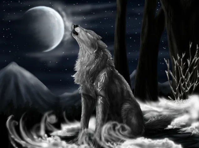森で吠えるオオカミの白黒写真