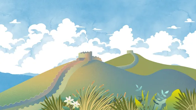 Taustpilt Rahulik animest inspireeritud mägimaastik koos majesteetliku hoonega HD