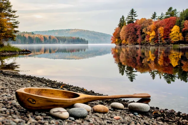 prezemete spokojna esenska ezerska stsena so drvena lazhitsa i mazni kamenja na karpestiot breg