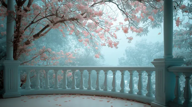Pemandangan balkoni yang tenang dengan bunga merah jambu dan landskap berkabus 2K kertas dinding