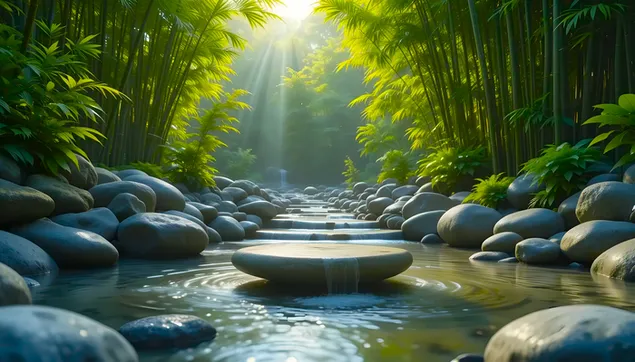 阳光照射下的宁静竹林溪流 2K 壁纸