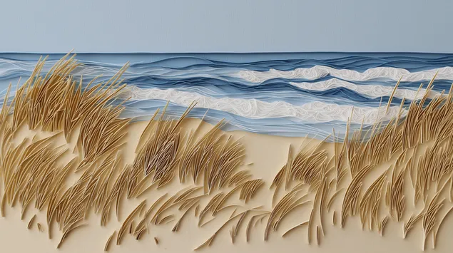 Ayrıntılı Kağıt Filigran Sanatı Tarzında Huzurlu Sahil Manzarası 2K duvar kağıdı