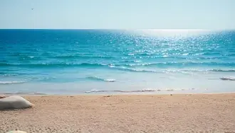 serene beach ocean view: golden sands and blue waves