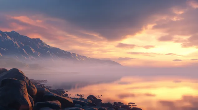 Ταπετσαρία Γαλήνια παράκτια ανατολή: Ομιχλώδη νερά και βραχώδεις ακτές 2K