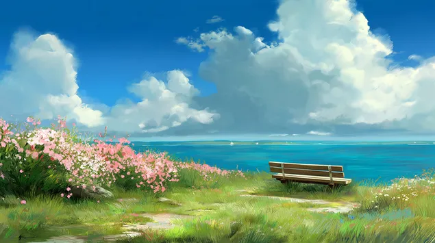 Vista costera serena con banco, flores y vista al mar 2K fondo de pantalla