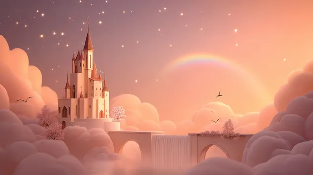 muat turun istana dongeng tenang dengan air terjun dan sunset rainbow