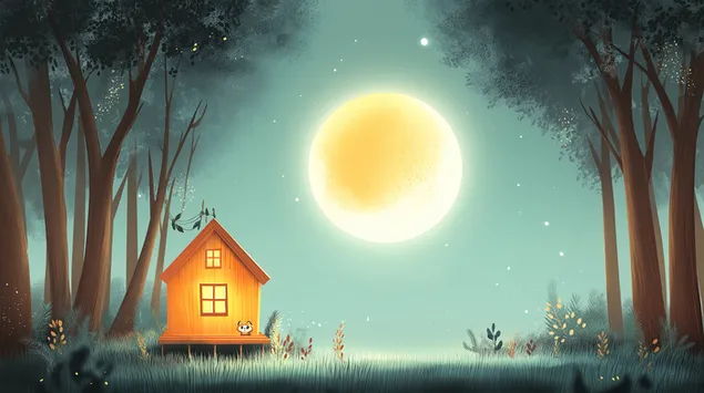 Мирна шумска куќа искапена во блескава месечина 2K тапет