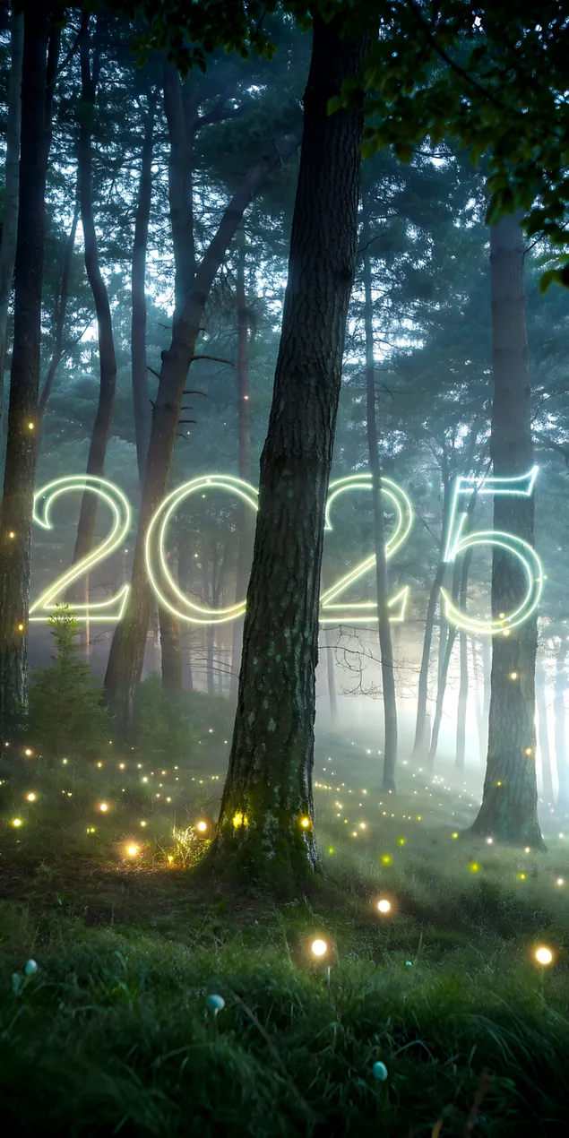Шпалери Безтурботний ліс із сяючим «2025» на деревах і біолюмінесцентних рослинах 2K