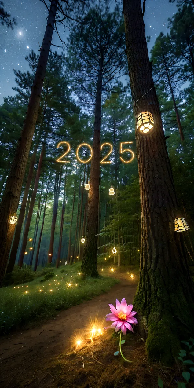 Bosc serè amb llanternes brillants i lluernes que formen l'any 2025 2K fons de pantalla