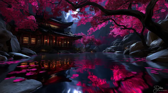 spokojna japonska swiatynia wsrod kwitnacych wisni noca pobierz