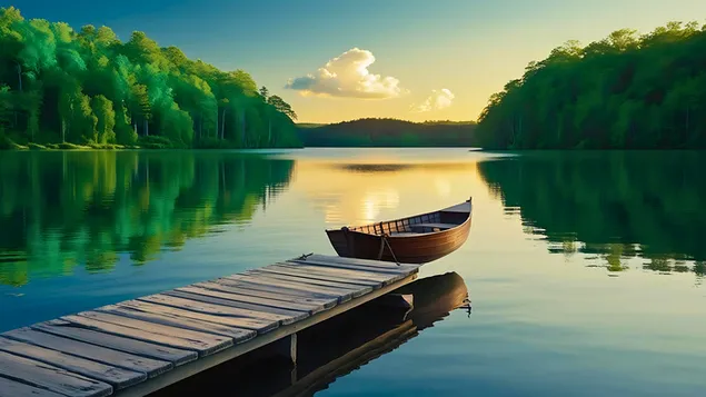 Serene Lake Sunrise - Një liqen i qetë në lindjen e diellit me një dok prej druri dhe një varkë, duke reflektuar dritën e artë 4K sfond