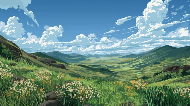 宁静的风景，连绵起伏的丘陵和广阔的天空 2K 壁纸