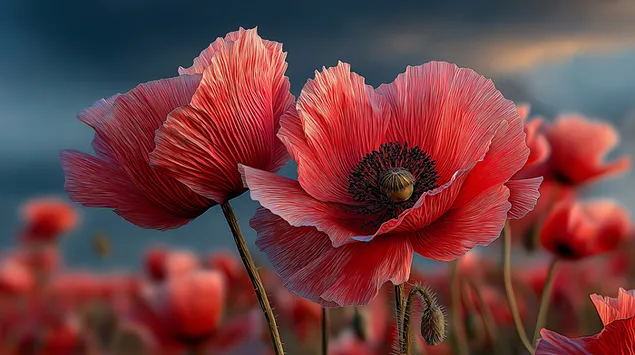 ทุ่งดอกป๊อปปี้อันเงียบสงบยามรุ่งอรุณในเฉดสีฟ้าของฤดูใบไม้ผลิ 2K วอลเปเปอร์