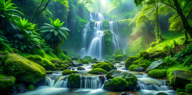 宁静的雨林瀑布，雾气弥漫在郁郁葱葱的绿色植物和青苔覆盖的岩石之间 4K 壁纸