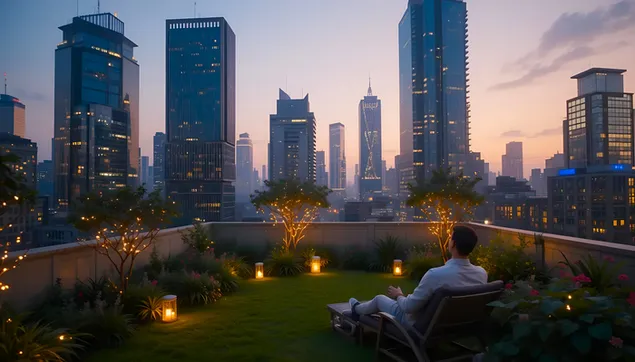 גינת גג שלווה עם נוף לעיר בדמדומים 4K טפט