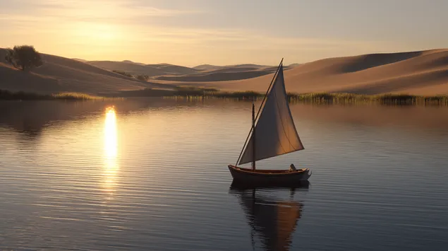 roueg segelboot, dat bei sonnenennergang op waasser bei wustendunen dreit eroflueden