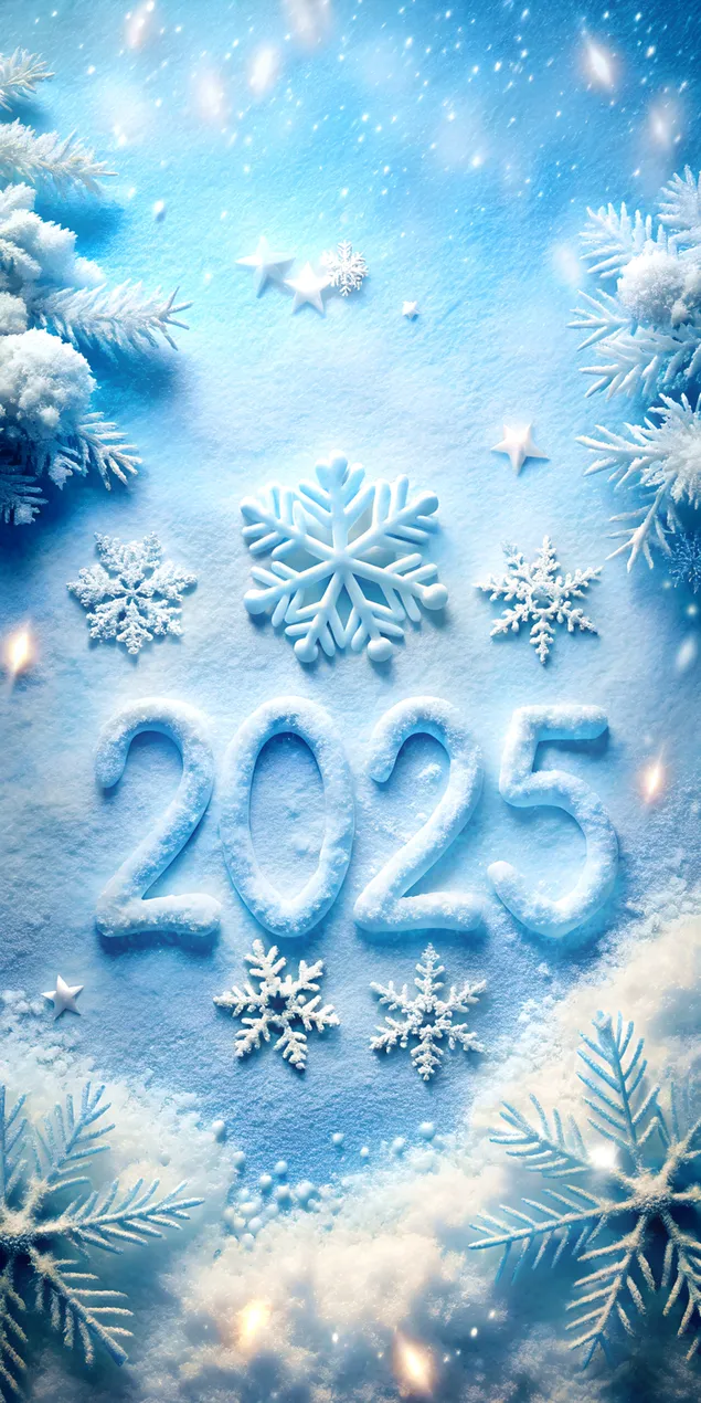 Ruhige Schneelandschaft mit eisigen kristallinen 2025 und magischen Schneeflocken 2K Hintergrundbild