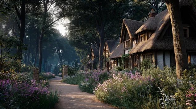 Rouegen Duerfwee mat Haiser mat Stréidächer 2K Tapeten