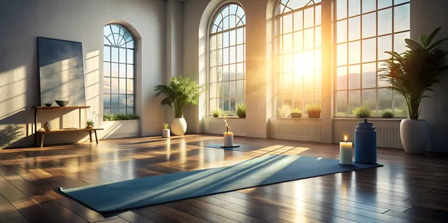 Scenă de sănătate senină cu covoraș de yoga, lumânări, sticla de apă și lumină moale a soarelui într-un spațiu minimalist 4K imagine de fundal