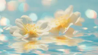 Lule të bardha të verdha të qeta mbi ujë me reflektim Bokeh 2K sfond