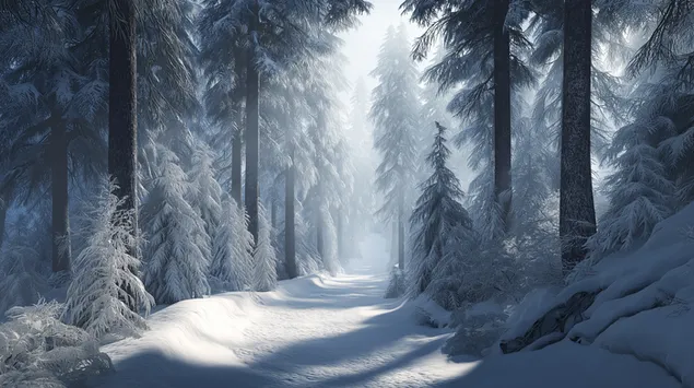 Spokojna, zimowa ścieżka leśna przez ośnieżone sosny 2K tapeta