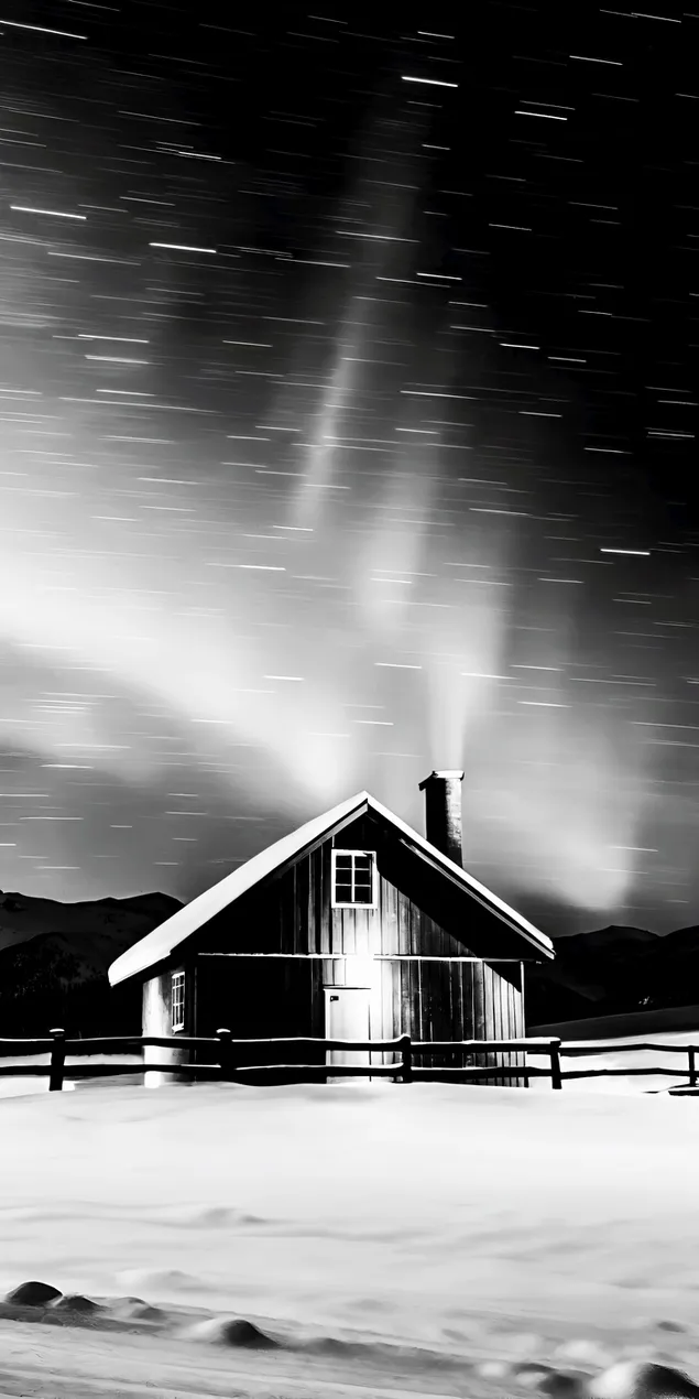 ليلة شتوية هادئة مع أضواء الشفق القطبي فوق كوخ منعزل ومناظر طبيعية مغطاة بالثلوج 2K خلفية