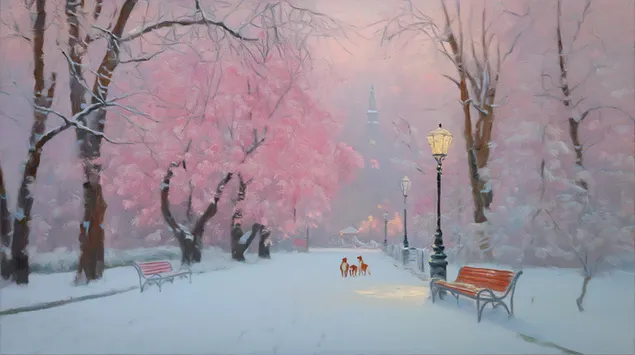 jalur taman musim dingin yang tenang dengan pepohonan yang tertutup salju unduhan