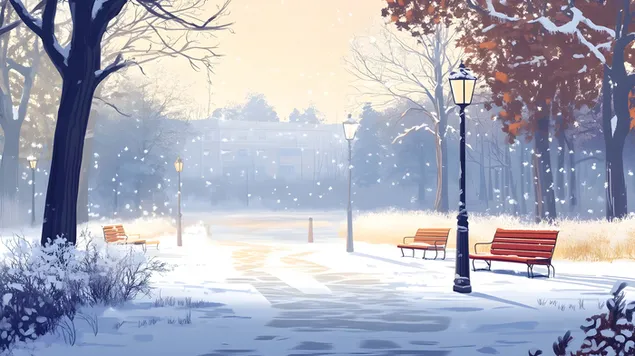 Mirni zimski park sa snježnim padavinama i klupama 8K pozadina