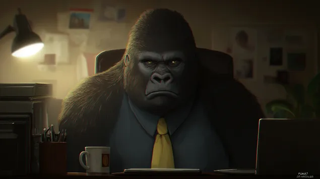 Серьёзный босс-горилла в офисе с пристальным взглядом 2K обои