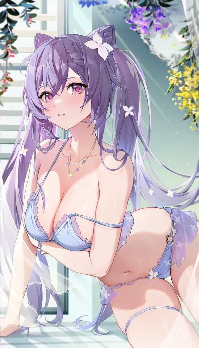 Sexy anime girl Keqing purple eyes | Genshin Impact  2K wallpaper