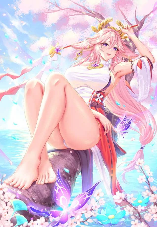 سيدة أنيمي مثير Yea Miko على شجرة الكرز | تأثير جانشين HD خلفية