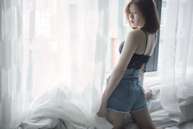 Sexy Asian girl by the window 4K wallpaper download