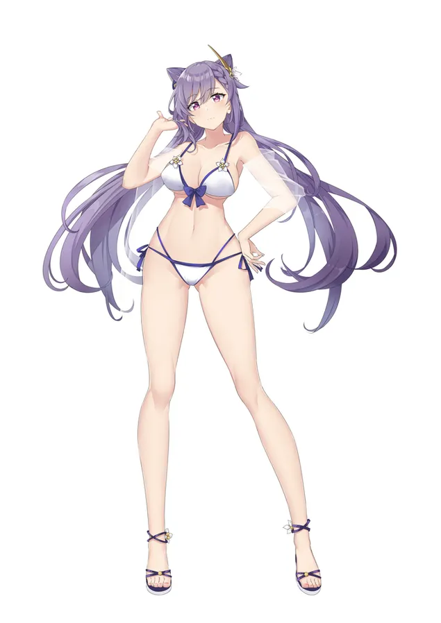 Sexy chica de anime Keqing en bikini caliente (Juego - Ganshin Impact) 2K fondo de pantalla