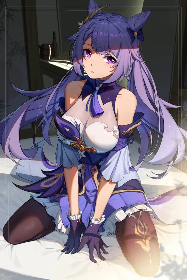 ベッドに座るセクシーな克清 (ガンシン・インパクト) HD 壁紙