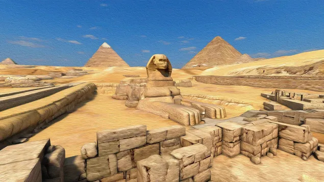 Sfinx en de piramide van Gizeh - olieverf op doek download