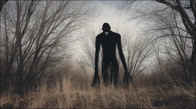 Skuggfigur i öde skog - Kuslig närvaro och skräck 2K bakgrund