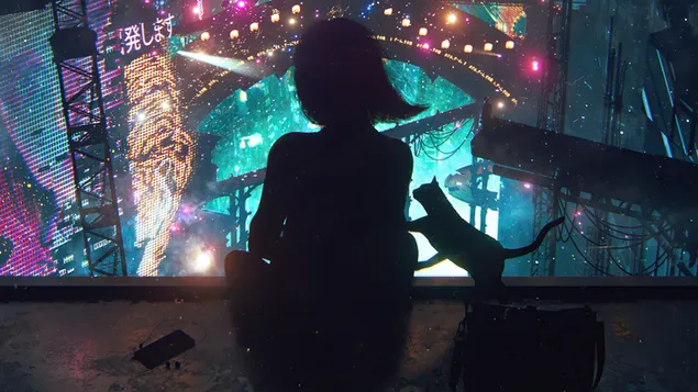 צל של ילדה והחתול שלה צופים בעיר אפלה 4K טפט