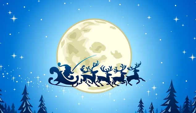 Bayangan Santa dengan Raindeer di malam bulan
