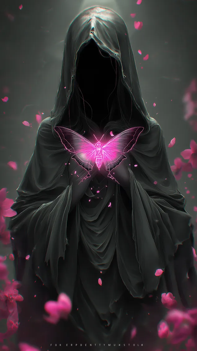 zasenceno bitje s kapuco in okrasenim moljem v srediscu podrobnega fantazijskega prizora prenos