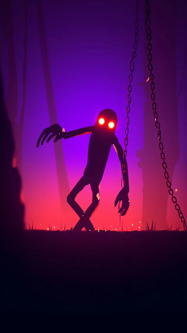 skaduagtige figuur met gloeiende oe en kettings in donker omgewing aflaai