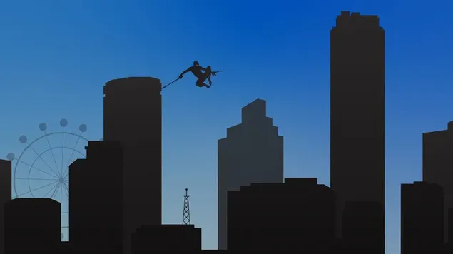 Schaduwrijk zicht op Spider Man die van het ene gebouw naar het andere springt download