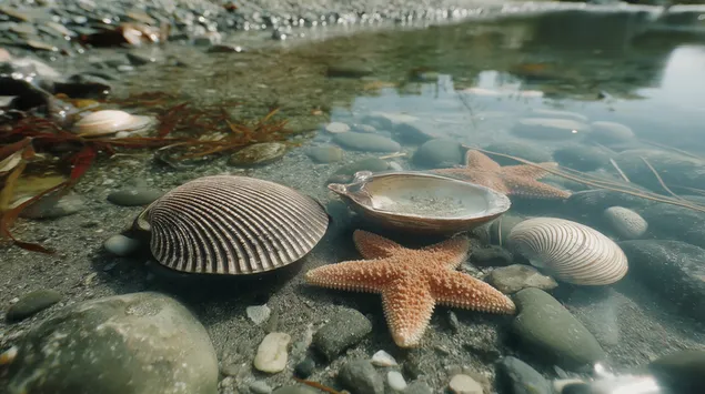 Plitka voda s otiscima morskih zvijezda i školjki 2K pozadina