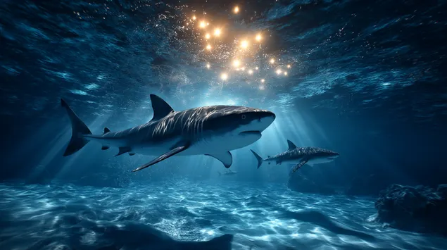 Sharks Gracefully Swimming in Blue Ocean Light 2K wallpaper