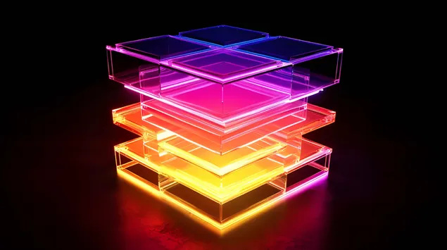 שכבות קוביות תלת מימד מנותצות בגווני ניאון זוהרים 4K טפט