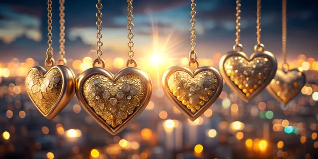 きらめく街並みと月明かりに照らされたきらめくハートペンダント 4K 壁紙