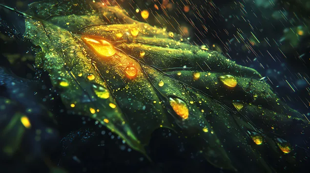 glinsterende reendruppels op 'n goue geaarde blaar aflaai