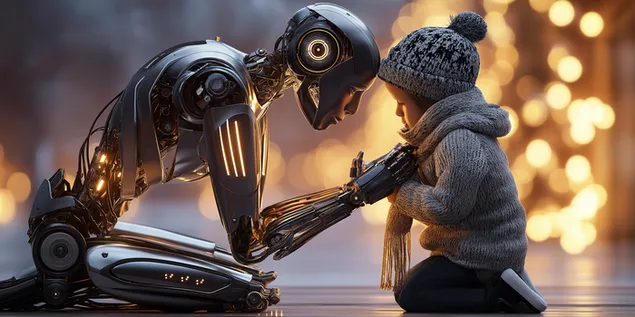 roboti humanoid i shndritshem angazhohet me nje femije te vogel ne nje ambient te ngrohte shkarkim